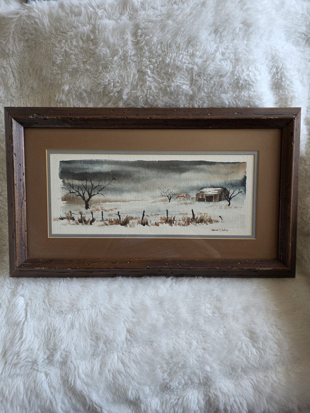 Vintage Framed Winter Landscape Watercolor Art - Brown Frame Artis Fauley Straud